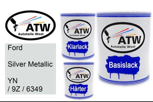 Ford, Silver Metallic, YN / 9Z / 6349: 1L Lackdose + 1L Klarlack + 500ml Härter - Set, von ATW Autoteile West.